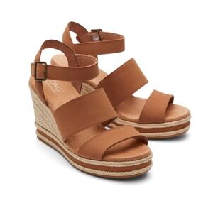 NWT TOMS Madelyn Tan Leather Espadrille Wedge Sandals Womens Size 9.5 Comfort